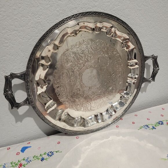 Vintage Glastonbury Silver Plate 14.25” Ornate Round Butler's Tray with Handles - Picture 1 of 15